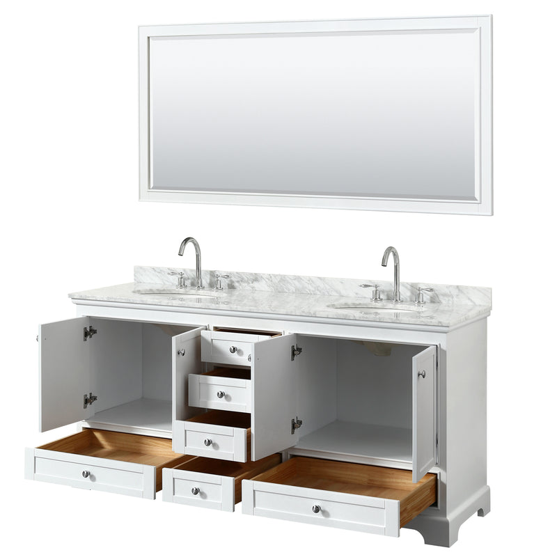 Wyndham Deborah 72" Double Bathroom Vanity In White White Carrara Marble Countertop Undermount Oval Sink and 70" Mirror WCS202072DWHCMUNOM70