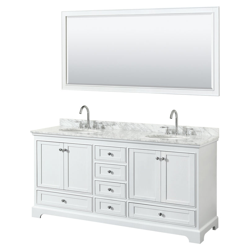 Wyndham Deborah 72" Double Bathroom Vanity In White White Carrara Marble Countertop Undermount Oval Sink And 70" Mirror WCS202072DWHCMUNOM70