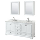 Wyndham Deborah 72" Double Bathroom Vanity In White With White Carrara Marble Countertop Undermount Oval Sinks And Medicine Cabinets WCS202072DWHCMUNOMED