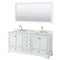 Wyndham Deborah 72" Double Bathroom Vanity In White White Carrara Marble Countertop Undermount Square Sink And 70" Mirror WCS202072DWHCMUNSM70