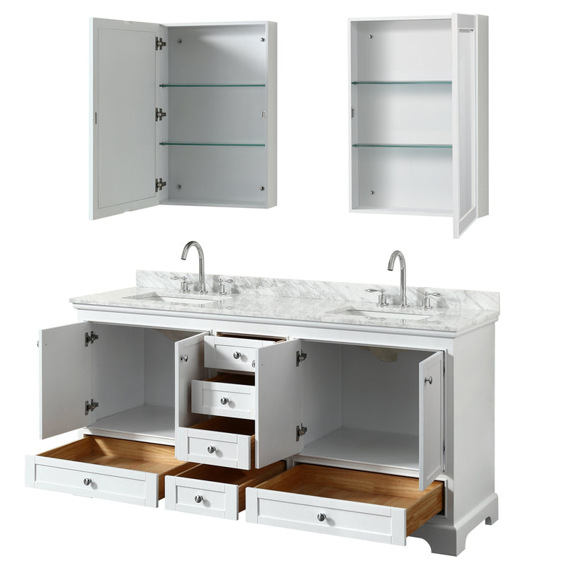 Wyndham Deborah 72" Double Bathroom Vanity In White with White Carrara Marble Countertop Undermount Square Sinks and Medicine Cabinets WCS202072DWHCMUNSMED