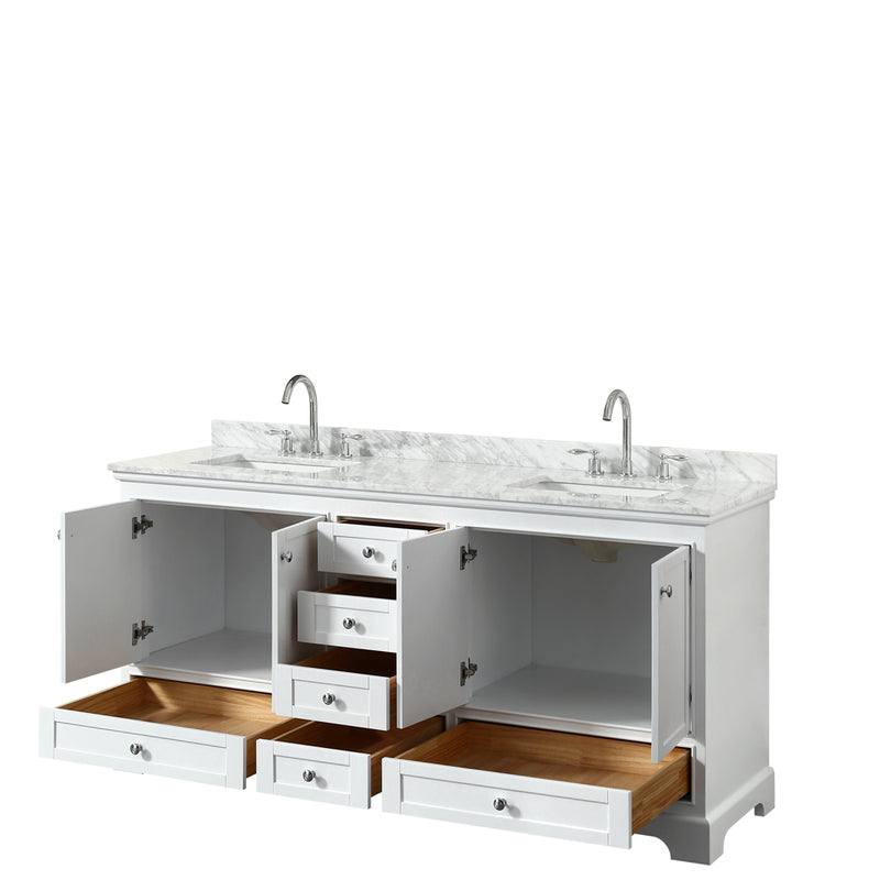 Wyndham Deborah 72" Double Bathroom Vanity In White with White Carrara Marble Countertop Undermount Square Sinks and No Mirrors WCS202072DWHCMUNSMXX