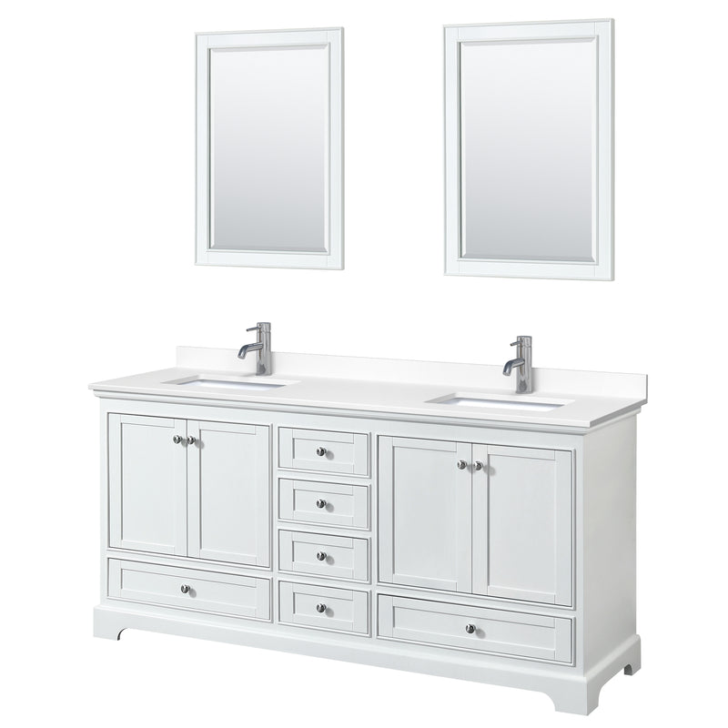 Wyndham Deborah 72" Double Bathroom Vanity In White With White Cultured Marble Countertop Undermount Square Sinks And 24" Mirrors WCS202072DWHWCUNSM24