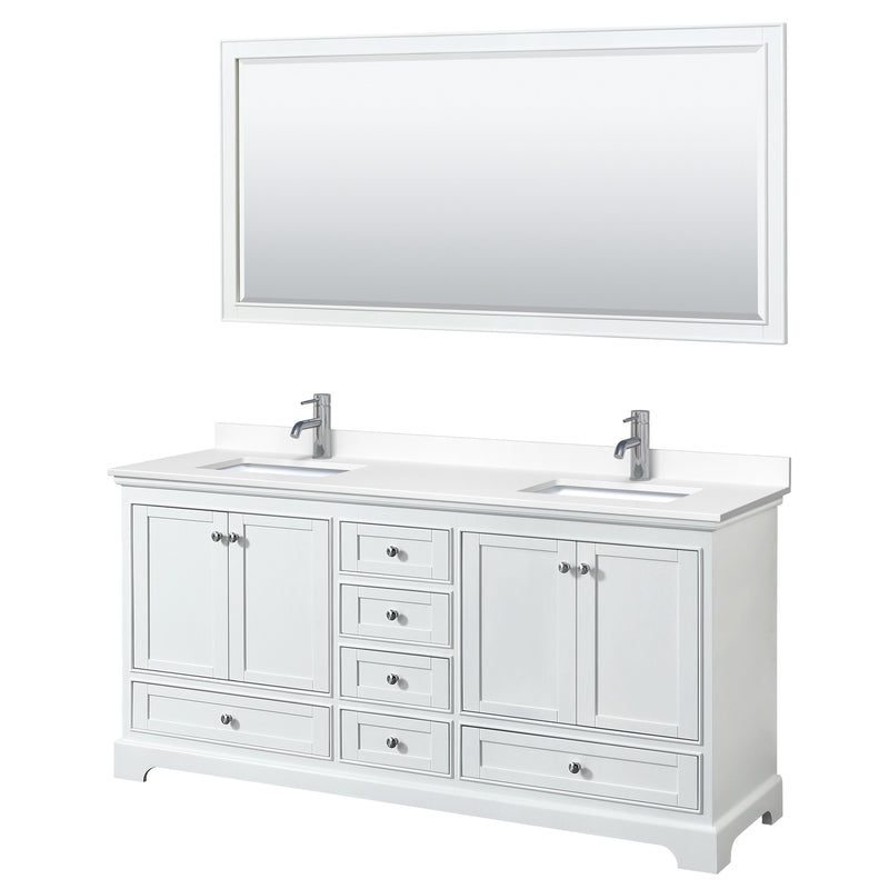 Wyndham Deborah 72" Double Bathroom Vanity In White With White Cultured Marble Countertop Undermount Square Sinks And 70" Mirror WCS202072DWHWCUNSM70