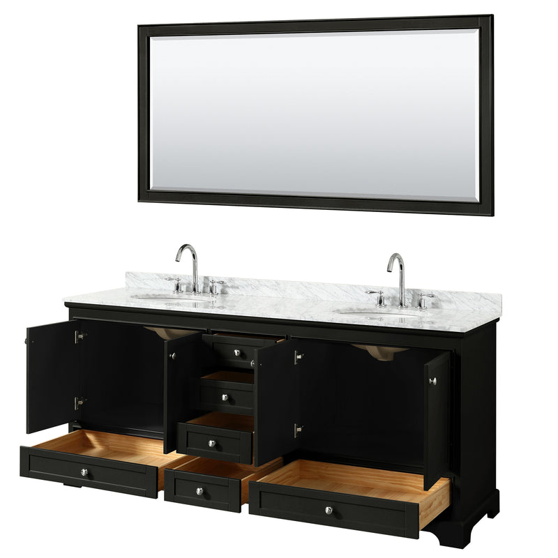 Wyndham Deborah 80" Double Bathroom Vanity In Dark Espresso White Carrara Marble Countertop Undermount Oval Sink and 70" Mirror WCS202080DDECMUNOM70