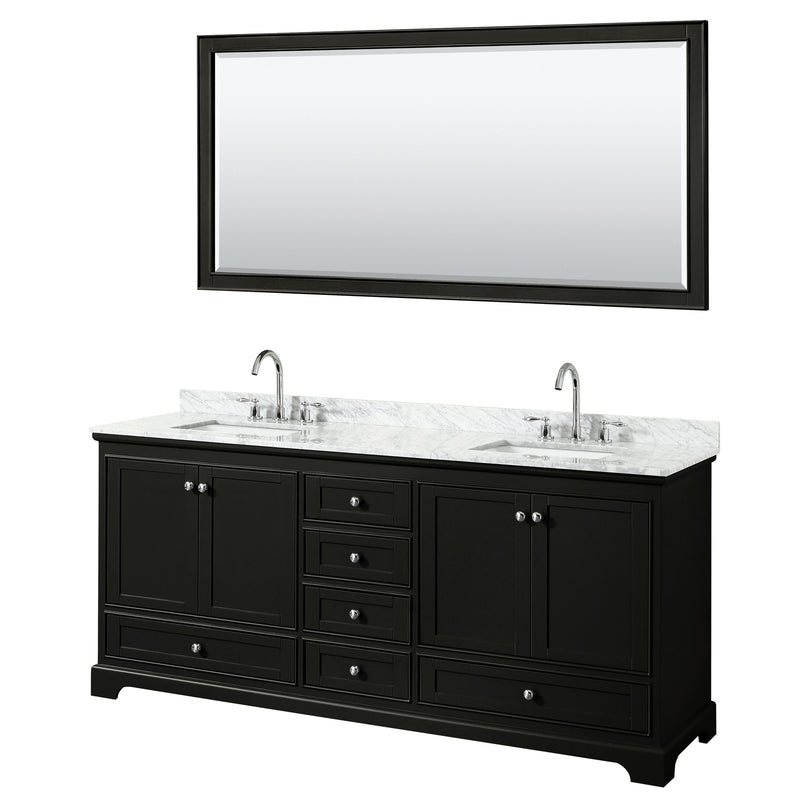 Wyndham Deborah 80" Double Bathroom Vanity In Dark Espresso White Carrara Marble Countertop Undermount Square Sink And 70" Mirror WCS202080DDECMUNSM70