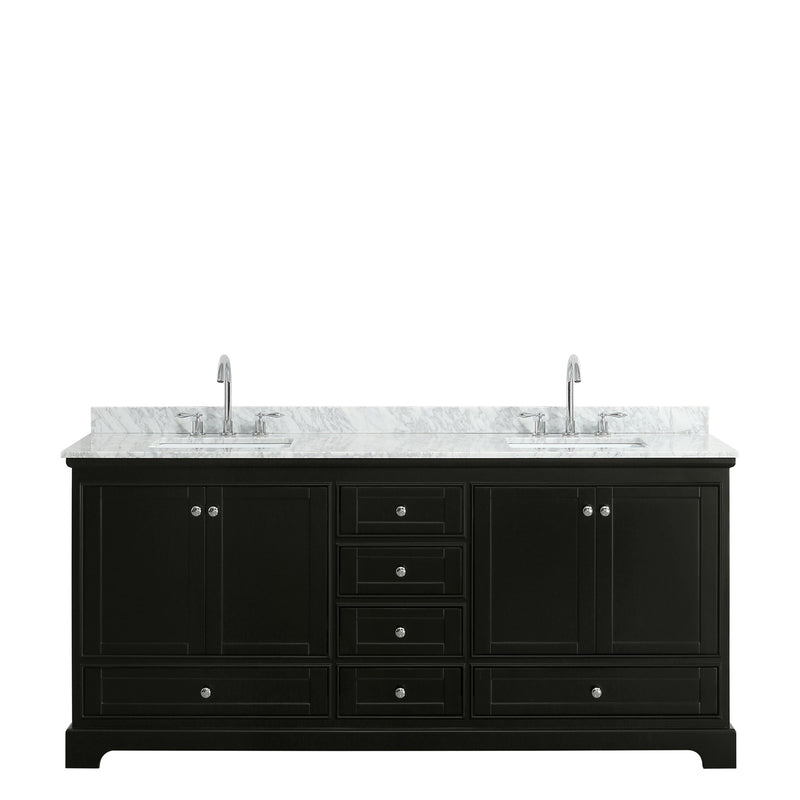 Wyndham Deborah 80" Double Bathroom Vanity In Dark Espresso White Carrara Marble Countertop Undermount Square Sink and No Mirror WCS202080DDECMUNSMXX