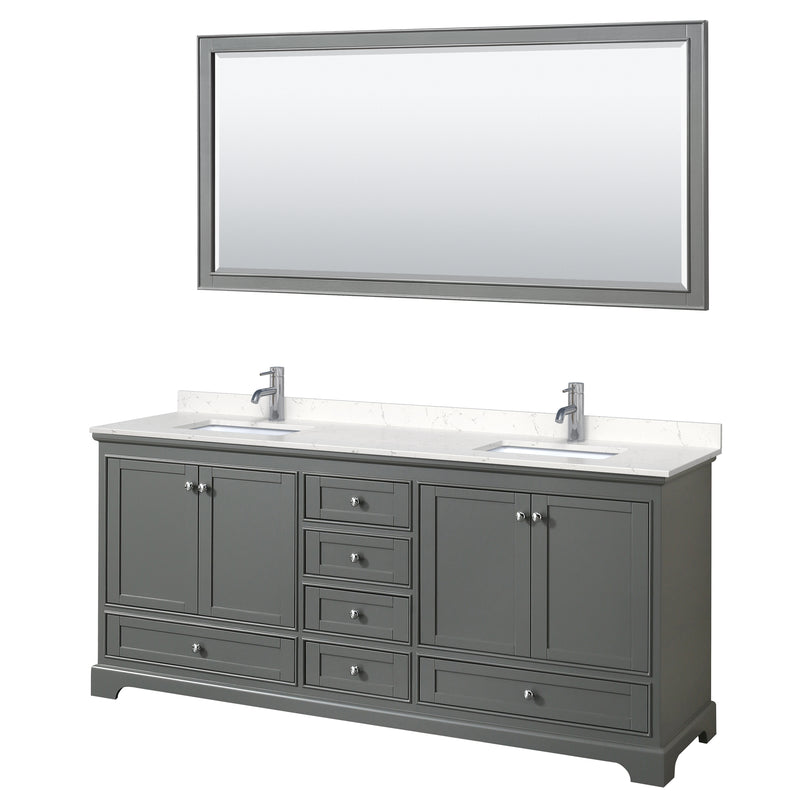 Wyndham Deborah 80" Double Bathroom Vanity In Dark Gray With Light-Vein Carrara Cultured Marble Countertop Undermount Square Sinks And 70" Mirror WCS202080DKGC2UNSM70