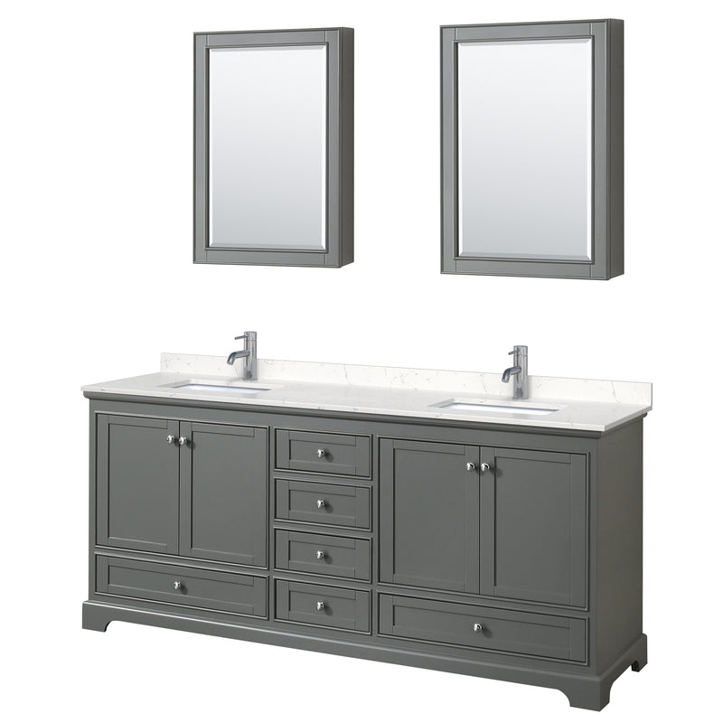 Wyndham Deborah 80" Double Bathroom Vanity In Dark Gray With Light-Vein Carrara Cultured Marble Countertop Undermount Square Sinks And Medicine Cabinets WCS202080DKGC2UNSMED