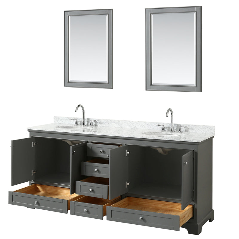 Wyndham Deborah 80" Double Bathroom Vanity In Dark Gray with White Carrara Marble Countertop Undermount Oval Sinks and 24" Mirrors WCS202080DKGCMUNOM24