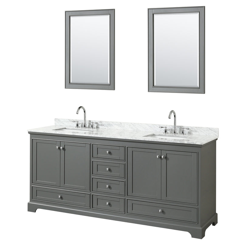 Wyndham Deborah 80" Double Bathroom Vanity In Dark Gray With White Carrara Marble Countertop Undermount Square Sinks And 24" Mirrors WCS202080DKGCMUNSM24