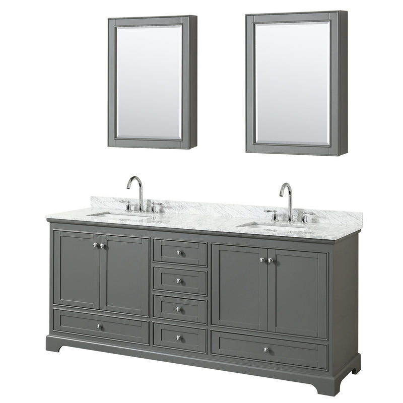 Wyndham Deborah 80" Double Bathroom Vanity In Dark Gray With White Carrara Marble Countertop Undermount Square Sinks And Medicine Cabinets WCS202080DKGCMUNSMED