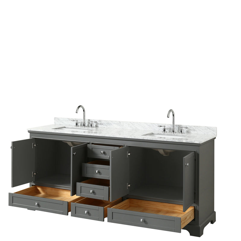 Wyndham Deborah 80" Double Bathroom Vanity In Dark Gray with White Carrara Marble Countertop Undermount Square Sinks and No Mirrors WCS202080DKGCMUNSMXX