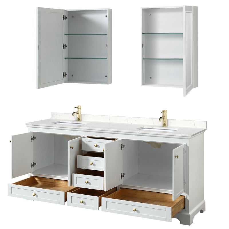 Wyndham Deborah 80" Double Bathroom Vanity In White with Light-Vein Carrara Cultured Marble Countertop Undermount Square Sinks Brushed Gold Trims and Medicine Cabinets WCS202080DWGC2UNSMED