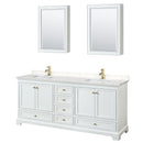 Wyndham Deborah 80" Double Bathroom Vanity In White With Light-Vein Carrara Cultured Marble Countertop Undermount Square Sinks Brushed Gold Trims And Medicine Cabinets WCS202080DWGC2UNSMED