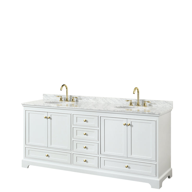 Wyndham Deborah 80" Double Bathroom Vanity In White With White Carrara Marble Countertop Undermount Oval Sinks Brushed Gold Trims And No Mirrors WCS202080DWGCMUNOMXX