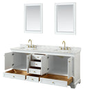 Wyndham Deborah 80" Double Bathroom Vanity In White with White Carrara Marble Countertop Undermount Square Sinks Brushed Gold Trims and 24" Mirrors WCS202080DWGCMUNSM24