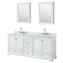 Wyndham Deborah 80" Double Bathroom Vanity In White With White Carrara Marble Countertop Undermount Square Sinks Brushed Gold Trims And Medicine Cabinets WCS202080DWGCMUNSMED