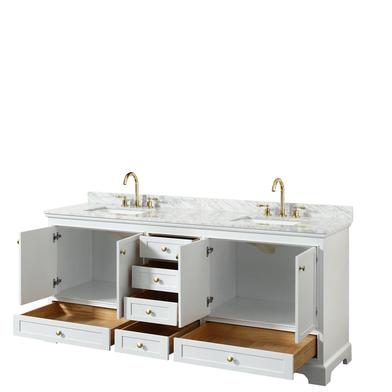 Wyndham Deborah 80" Double Bathroom Vanity In White with White Carrara Marble Countertop Undermount Square Sinks Brushed Gold Trims and No Mirrors WCS202080DWGCMUNSMXX