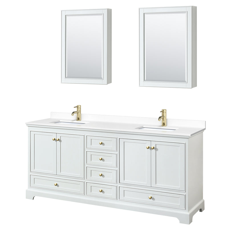 Wyndham Deborah 80" Double Bathroom Vanity In White With White Cultured Marble Countertop Undermount Square Sinks Brushed Gold Trims And Medicine Cabinets WCS202080DWGWCUNSMED