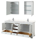 Wyndham Deborah 80" Double Bathroom Vanity In White with Light-Vein Carrara Cultured Marble Countertop Undermount Square Sinks and Medicine Cabinets WCS202080DWHC2UNSMED