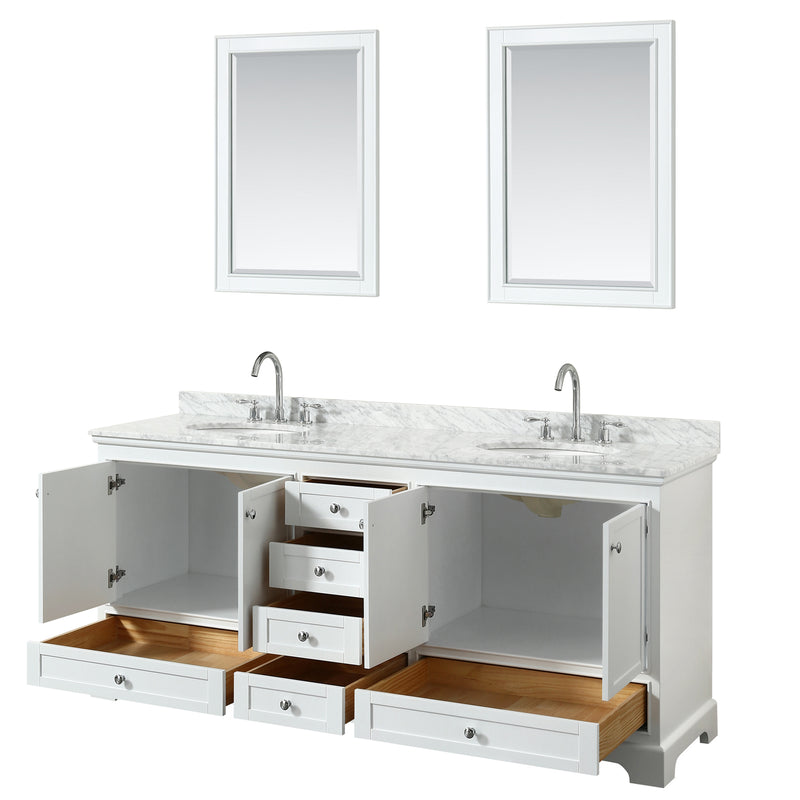 Wyndham Deborah 80" Double Bathroom Vanity In White with White Carrara Marble Countertop Undermount Oval Sinks and 24" Mirrors WCS202080DWHCMUNOM24