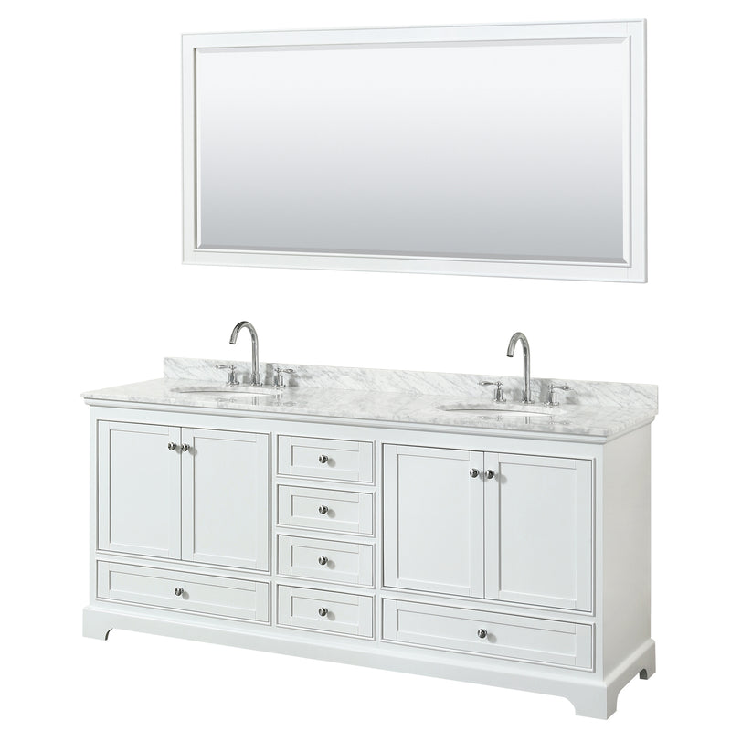 Wyndham Deborah 80" Double Bathroom Vanity In White White Carrara Marble Countertop Undermount Oval Sink And 70" Mirror WCS202080DWHCMUNOM70