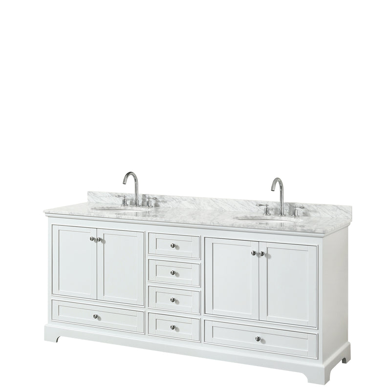 Wyndham Deborah 80" Double Bathroom Vanity In White With White Carrara Marble Countertop Undermount Oval Sinks And No Mirrors WCS202080DWHCMUNOMXX