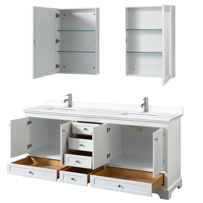 Wyndham Deborah 80" Double Bathroom Vanity In White with White Cultured Marble Countertop Undermount Square Sinks and Medicine Cabinets WCS202080DWHWCUNSMED