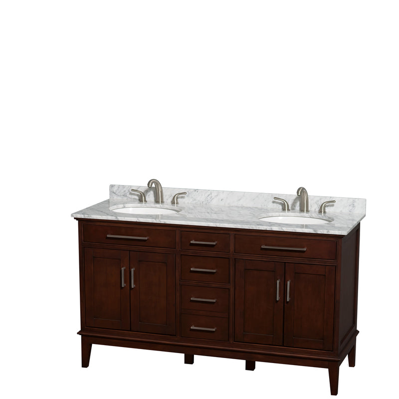 Wyndham Hatton 60" Double Bathroom Vanity In Dark Chestnut White Carrara Marble Countertop Undermount Oval Sinks And No Mirror WCV161660DCDCMUNRMXX