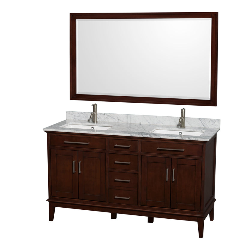 Wyndham Hatton 60" Double Bathroom Vanity In Dark Chestnut White Carrara Marble Countertop Undermount Square Sinks And 56" Mirror WCV161660DCDCMUNSM56