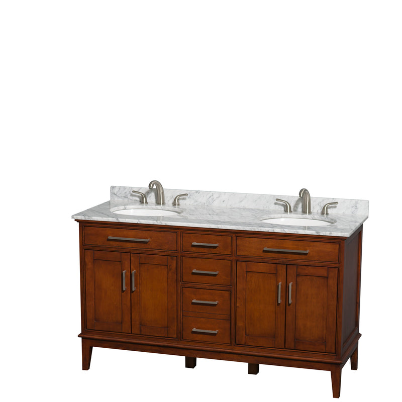 Wyndham Hatton 60" Double Bathroom Vanity In Light Chestnut White Carrara Marble Countertop Undermount Oval Sinks And No Mirror WCV161660DCLCMUNRMXX