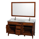 Wyndham Hatton 60" Double Bathroom Vanity In Light Chestnut White Carrara Marble Countertop Undermount Square Sinks and 56" Mirror WCV161660DCLCMUNSM56