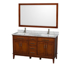 Wyndham Hatton 60" Double Bathroom Vanity In Light Chestnut White Carrara Marble Countertop Undermount Square Sinks And 56" Mirror WCV161660DCLCMUNSM56