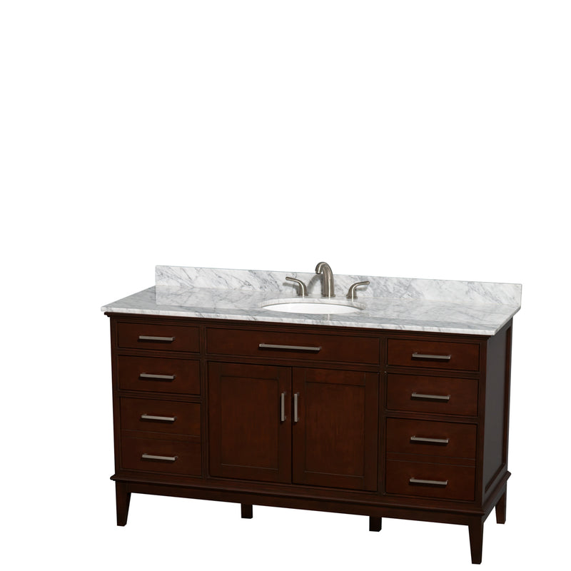 Wyndham Hatton 60" Single Bathroom Vanity In Dark Chestnut White Carrara Marble Countertop Undermount Oval Sink And No Mirror WCV161660SCDCMUNRMXX