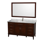 Wyndham Hatton 60" Single Bathroom Vanity In Dark Chestnut White Carrara Marble Countertop Undermount Square Sink And 56" Mirror WCV161660SCDCMUNSM56