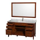 Wyndham Hatton 60" Single Bathroom Vanity In Light Chestnut White Carrara Marble Countertop Undermount Square Sink and 56" Mirror WCV161660SCLCMUNSM56