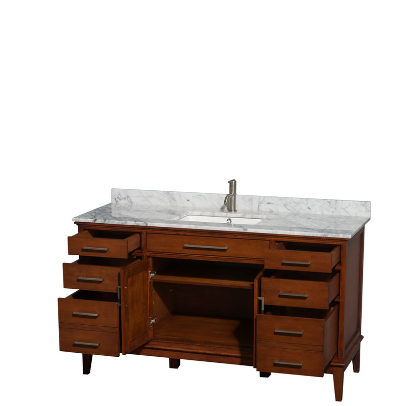 Wyndham Hatton 60" Single Bathroom Vanity In Light Chestnut White Carrara Marble Countertop Undermount Square Sink and No Mirror WCV161660SCLCMUNSMXX