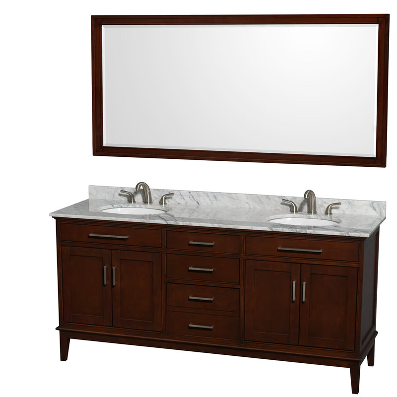 Wyndham Hatton 72" Double Bathroom Vanity In Dark Chestnut White Carrara Marble Countertop Undermount Oval Sinks And 70" Mirror WCV161672DCDCMUNRM70