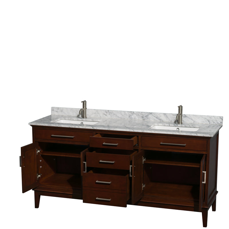 Wyndham Hatton 72" Double Bathroom Vanity In Dark Chestnut White Carrara Marble Countertop Undermount Square Sinks and No Mirror WCV161672DCDCMUNSMXX