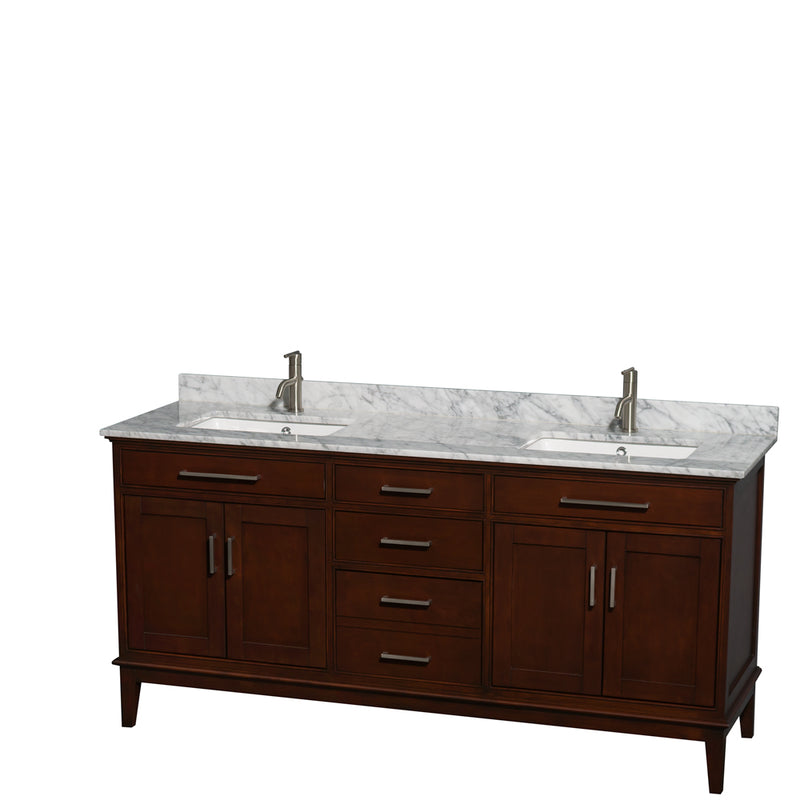 Wyndham Hatton 72" Double Bathroom Vanity In Dark Chestnut White Carrara Marble Countertop Undermount Square Sinks And No Mirror WCV161672DCDCMUNSMXX