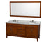 Wyndham Hatton 72" Double Bathroom Vanity In Light Chestnut White Carrara Marble Countertop Undermount Oval Sinks And 70" Mirror WCV161672DCLCMUNRM70