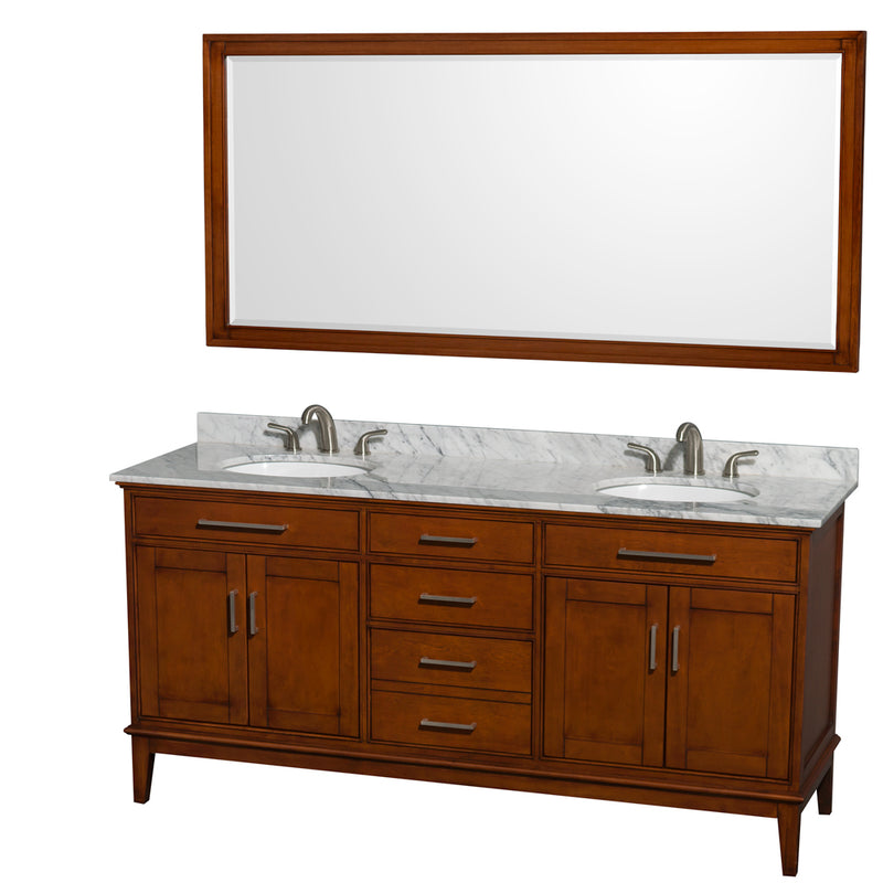 Wyndham Hatton 72" Double Bathroom Vanity In Light Chestnut White Carrara Marble Countertop Undermount Oval Sinks And 70" Mirror WCV161672DCLCMUNRM70