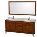 Wyndham Hatton 72" Double Bathroom Vanity In Light Chestnut White Carrara Marble Countertop Undermount Square Sinks And 70" Mirror WCV161672DCLCMUNSM70