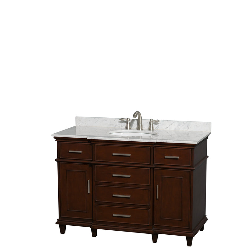 Wyndham Berkeley 48" Single Bathroom Vanity In Dark Chestnut With White Carrara Marble Top With White Undermount Oval Sink And No Mirror WCV171748SCDCMUNRMXX