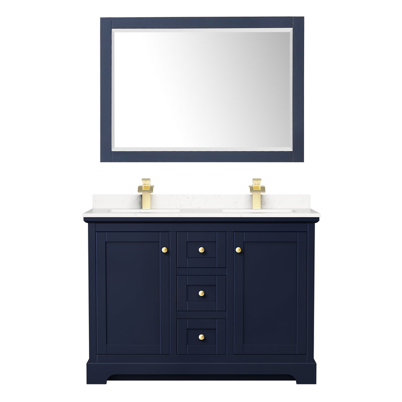 Wyndham Avery 48" Double Bathroom Vanity In Dark Blue Light-Vein Carrara Cultured Marble Countertop Undermount Square Sinks and 46" Mirror WCV232348DBLC2UNSM46