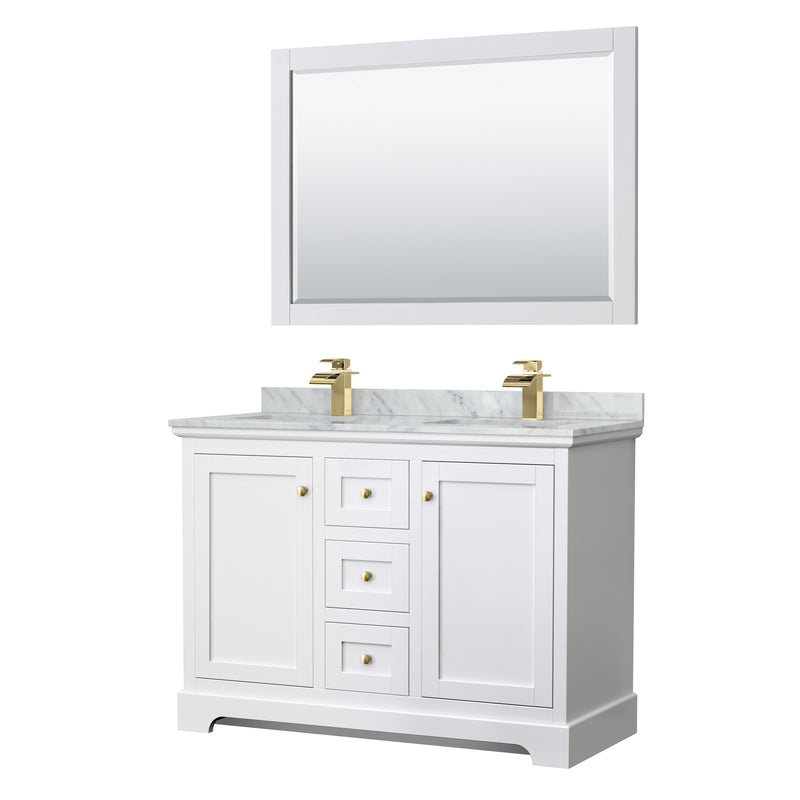 Wyndham Avery 48" Double Bathroom Vanity In White White Carrara Marble Countertop Undermount Square Sinks Brushed Gold Trims And 46" Mirror WCV232348DWGCMUNSM46