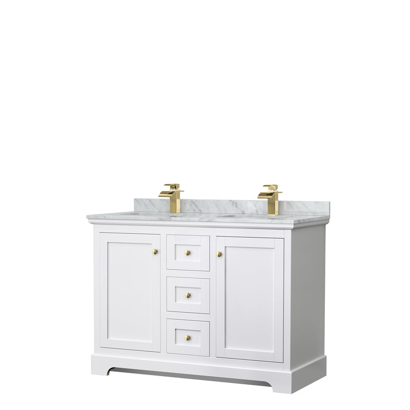 Wyndham Avery 48" Double Bathroom Vanity In White White Carrara Marble Countertop Undermount Square Sinks Brushed Gold Trims And No Mirror WCV232348DWGCMUNSMXX