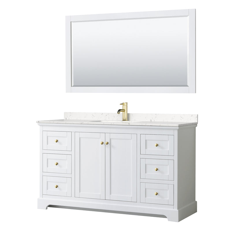 Wyndham Avery 60" Single Bathroom Vanity In White Light-Vein Carrara Cultured Marble Countertop Undermount Square Sink Brushed Gold Trims And 58" Mirror WCV232360SWGC2UNSM58