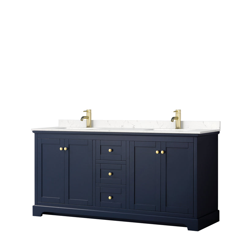 Wyndham Avery 72" Double Bathroom Vanity In Dark Blue Light-Vein Carrara Cultured Marble Countertop Undermount Square Sinks And No Mirror WCV232372DBLC2UNSMXX